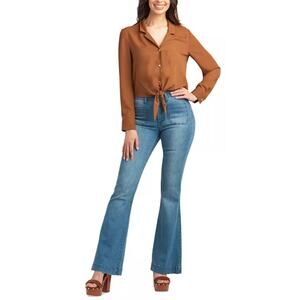 NEW BCX Retro Brown Tie Front Blouse SZ Large 70's Chiffon Boho Neutral Top NWT